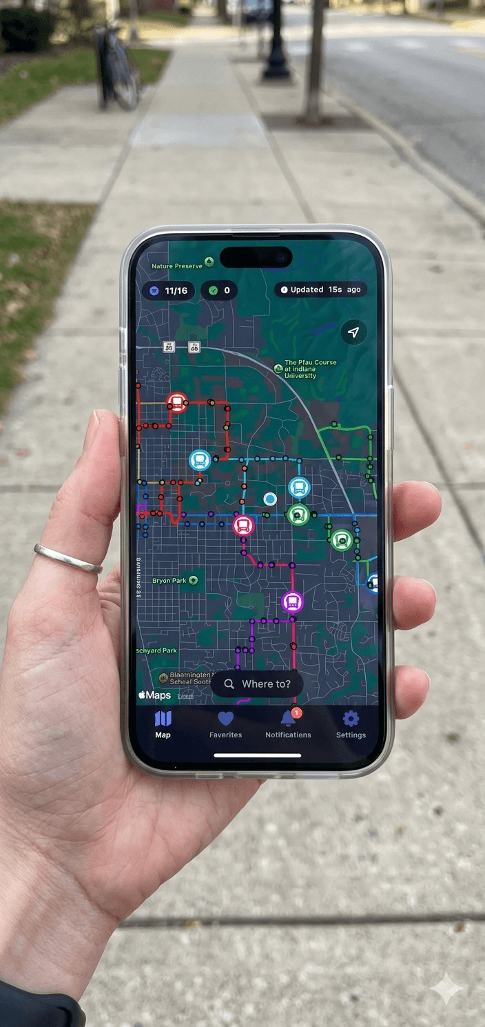 Link Transit app showing a live transit map on iPhone